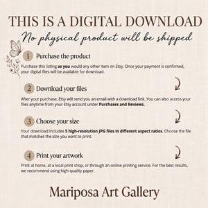K&ouml;nnte beinhalten: Eine informative Grafik mit dunkelbraunem Text auf hellbeigem Hintergrund. Der Text lautet: THIS IS A DIGITAL DOWNLOAD, No physical product will be shipped, 1 Purchase the product, 2 Download your files, 3 Choose your size, 4 Print your artwork und Mariposa Art Gallery. Eine Schmetterlings- und Blumen-Strichzeichnung befindet sich auf der linken Seite.