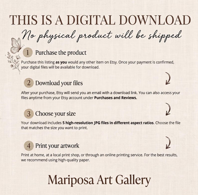 K&ouml;nnte beinhalten: Eine informative Grafik mit dunkelbraunem Text auf hellbeigem Hintergrund. Der Text lautet: THIS IS A DIGITAL DOWNLOAD, No physical product will be shipped, 1 Purchase the product, 2 Download your files, 3 Choose your size, 4 Print your artwork und Mariposa Art Gallery. Eine Schmetterlings- und Blumen-Strichzeichnung befindet sich auf der linken Seite.