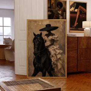 Luxury equestrian decor featuring a Black woman horse rider in a dramatic neutral gown and large black fashion hat. The black horse, soft beige palette and textured painterly finish combine African American art, high fashion and vintage equestrian influences in a sophisticated statement piece.