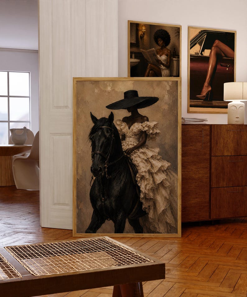 Luxury equestrian decor featuring a Black woman horse rider in a dramatic neutral gown and large black fashion hat. The black horse, soft beige palette and textured painterly finish combine African American art, high fashion and vintage equestrian influences in a sophisticated statement piece.