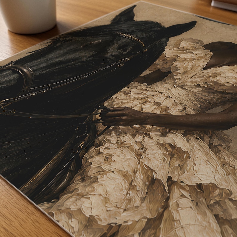K&ouml;nnte beinhalten: Ein rechteckiger Kunstdruck, der eine dunkelh&auml;utige Figur in einem volumin&ouml;sen, strukturierten cremefarbenen Kleid mit ger&uuml;schten Lagen zeigt, die neben einem gro&szlig;en schwarzen Pferd mit Zaumzeug vor einem neutralen, hellen Hintergrund steht.