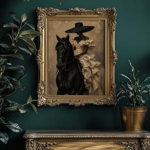 K&ouml;nnte beinhalten: Ein gerahmter Kunstdruck, der eine Figur mit einem breitkrempigen schwarzen Hut und einem cremefarbenen, ger&uuml;schten Kleid auf einem schwarzen Pferd zeigt. Das Bild befindet sich in einem verzierten, goldenen Rahmen mit Schnitzereien.