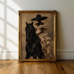 Textured Afrocentric wall art portraying a fashionable Black woman on horseback wearing a flowing ivory couture dress and oversized black hat. A strong black horse contrasts with the minimalist neutral background, creating sophisticated horse rider art with luxury, old money and equestrian style.