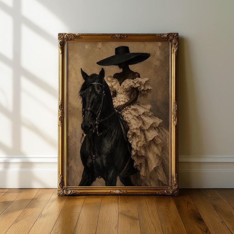 Textured Afrocentric wall art portraying a fashionable Black woman on horseback wearing a flowing ivory couture dress and oversized black hat. A strong black horse contrasts with the minimalist neutral background, creating sophisticated horse rider art with luxury, old money and equestrian style.