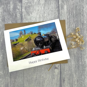 Carte d'anniversaire train à vapeur du château de Corfe A6 - photographie de haute qualité, carte de voeux paysage personnalisée