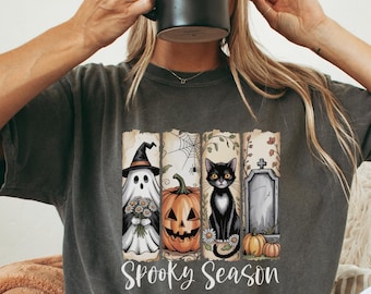 Comfort Colors® Vintage Halloween Shirt, Spooky Season T-Shirt, Ghost Pumpkin Cat Shirt, Halloween Gift, Gost Spooky Shirt