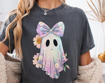 Comfort Colors® Iridescent Ghost Pumpkin Shirt, Coquette Aesthetic Halloween Tee, Cute Girly Ghost Shirt, Sparkly Pastel Halloween,