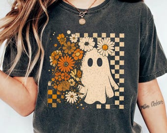 Comfort Colors® Checkered Ghost Shirt, Halloween Floral Ghost Shirt, Cute Fall Shirt, Cottagecore Ghost Tee