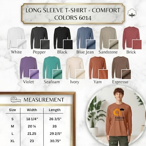 Puede incluir: Una carta de colores de camisetas de manga larga con once tonos, incluyendo blanco, pimienta, negro, azul vaquero, arenisca, ladrillo, violeta, espuma de mar, marfil, &ntilde;ame y expreso. Una tabla de medidas muestra tallas de S a XL con anchos de 46 a 58 cm.
