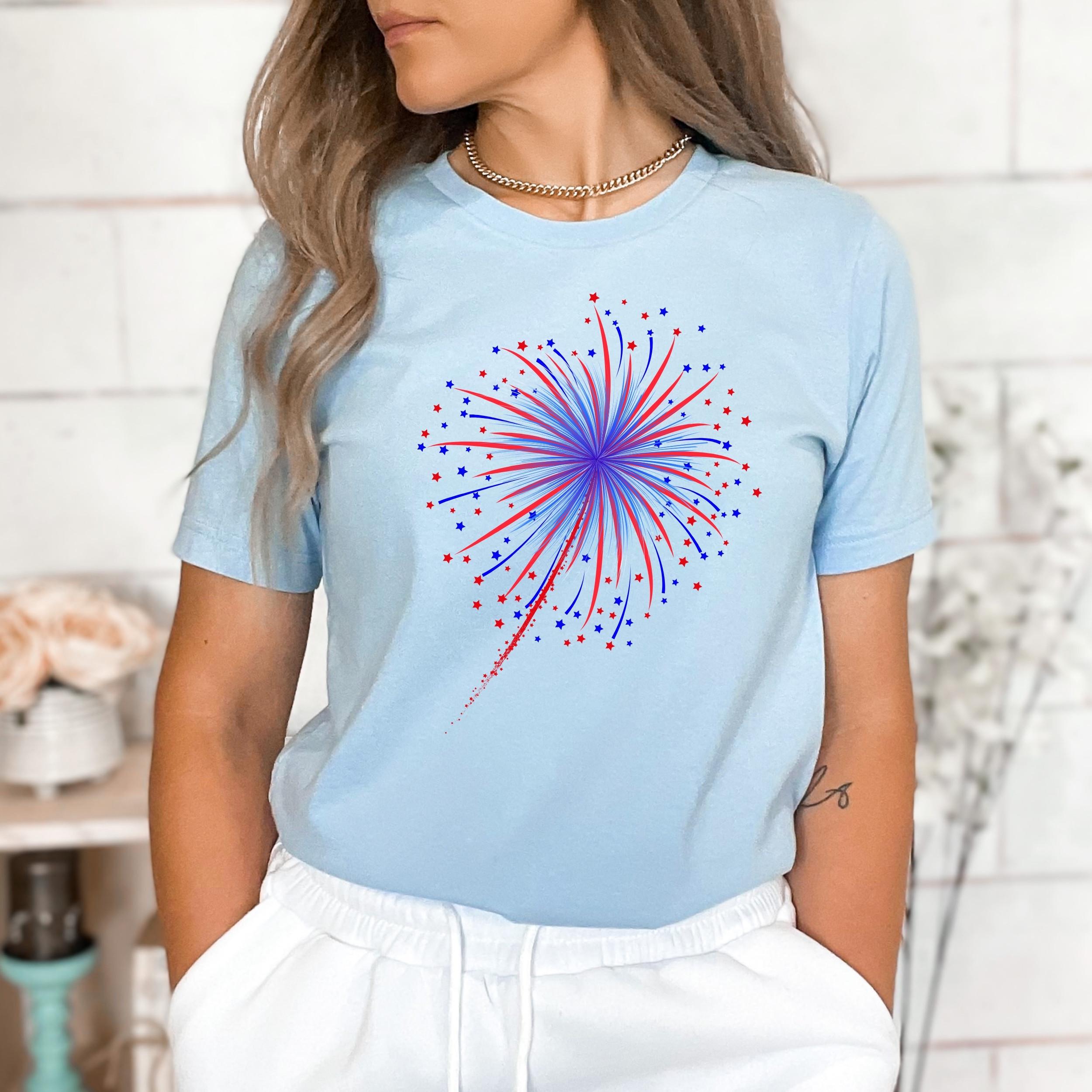 Women's Patriotic 4th Of July T-Shirt - Cute Firework USA Flag Graphic, Short Sleeve Casual Top - View #9