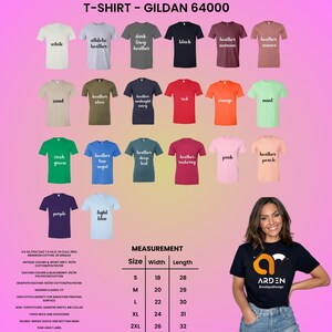 May include: A product image showcasing a variety of Gildan 64000 t-shirts in various colors, including white, black, and heather gray. The image also includes a size chart with measurements in inches, and the Arden Boutique Design logo.