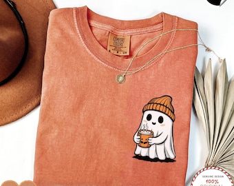 Halloween Ghost Comfort Colors®, t-shirt café fantasmagorique mignon, chemise café glacé fantôme, chemise saison fantasmagorique, chemise café fantôme, Halloween pour femme