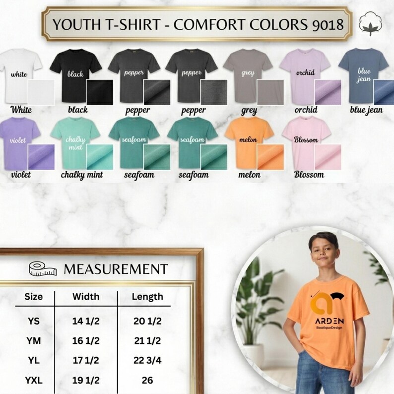 Puede incluir: Una carta de colores de camisetas juveniles Comfort Colors 9018 que muestra opciones en blanco, negro, pimienta, gris, orqu&iacute;dea, azul jean, violeta, menta tiza, espuma de mar, mel&oacute;n y flor. Una tabla de medidas enumera las tallas YS a YXL en cm.