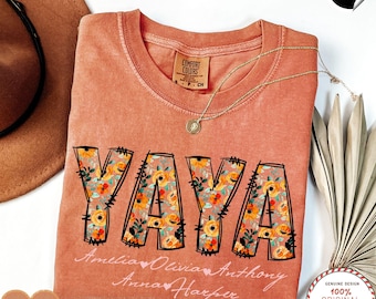 Personalized Yaya Shirt with Grandkids Names,Floral GigiT-Shirt,Mimi Gifts,Mother's Day Shirt,Custom Names Grandma Shirt,christmas pajamas