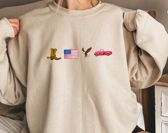 USA Embroidered Icons Crewneck Sweatshirt, American Pride Pullover, 4th of July Country Sweatshirt, Western Cowboy Style,Patriotic USA Shirt