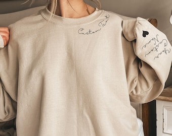 Custom Text on the Neck and Names on the Sleeve Sweatshirt or Hoodie, Personalized Names Initials on Sleeve, Customizable Crewneck Gift