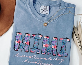 Camiseta Mimi personalizada com nomes dos netos, camiseta floral Mimi, presentes Mimi, camiseta para o dia das mães, camiseta personalizada com nomes para avó, presente de Natal