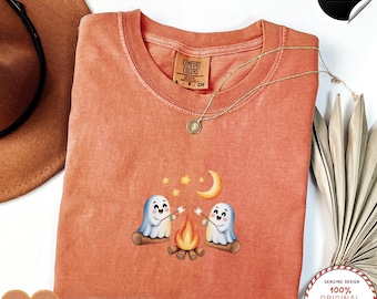 Cute Ghosts Camping  Comfort Colors Tee, Spooky Season Outdoors Gifts, Halloween Vintage Embroidery Tshirt
