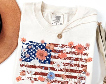 Koszulka z motywem kwiatowym i flagą amerykańską Comfort Colors®, Koszulka z okazji 4 lipca, Koszulka z okazji Dnia Niepodległości, Koszulka patriotyczna, Koszulka z flagą USA, Prezent dla niej