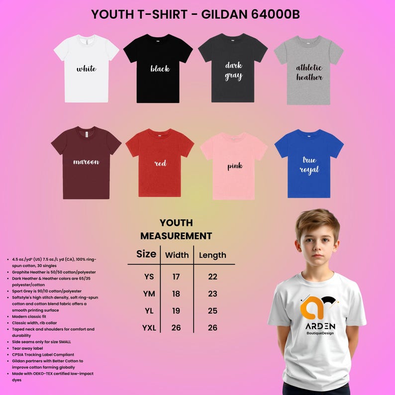 May include: A display of youth t-shirts in various colors, including white, black, and red. The image includes a size chart with measurements in inches and the text "ARDEN Boutique Design".