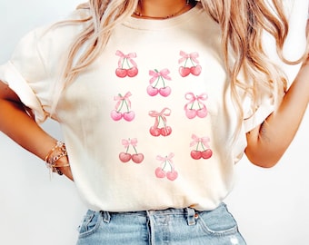 Comfort Colors® Cherry Coquette Shirt, Aesthetic Fruit Tee, Summer Girly Graphic T-Shirt, Cute Bow Cherry Top, Y2K Soft Vintage Style Tee