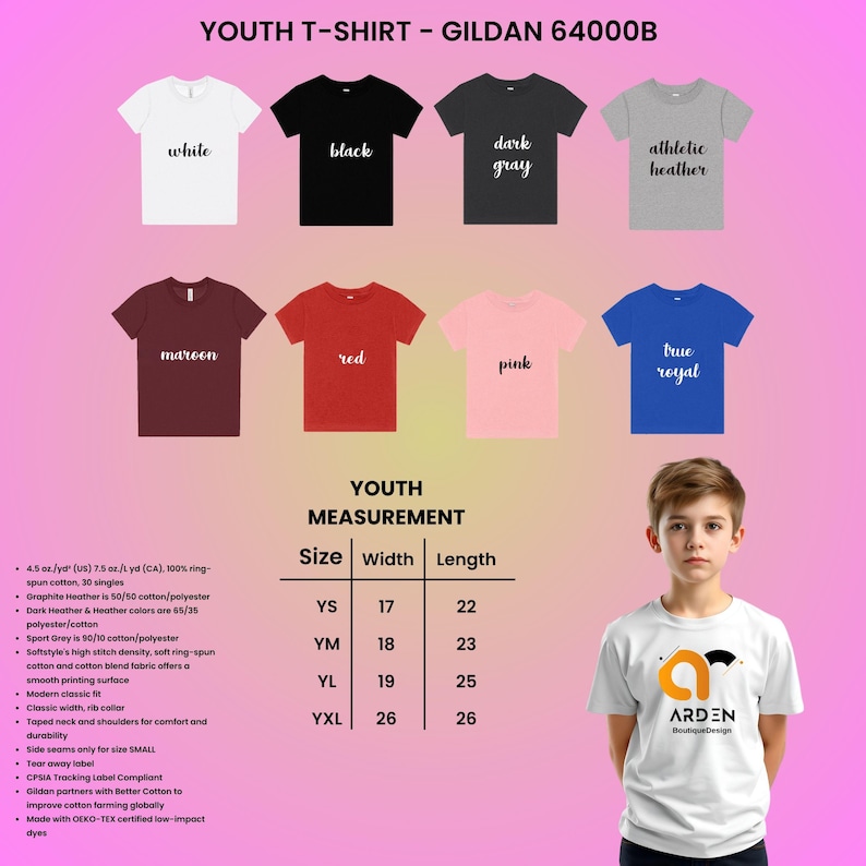 May include: A selection of youth t-shirts in colours such as white, black, and red. The image includes a size chart with measurements in inches and the text "ARDEN Boutique Design".