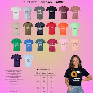 May include: Image of Gildan 64000 t-shirts in multiple colours, such as white, black, and grey. Measurements are provided in inches, with widths from 45.7 cm to 66 cm and lengths from 71.1 cm to 81.3 cm. The image also includes a size chart.