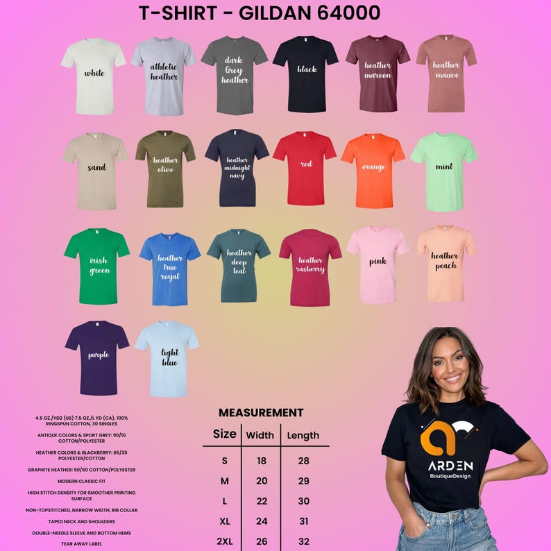 May include: Image of Gildan 64000 t-shirts in multiple colours, such as white, black, and grey. Measurements are provided in inches, with widths from 45.7 cm to 66 cm and lengths from 71.1 cm to 81.3 cm. The image also includes a size chart.