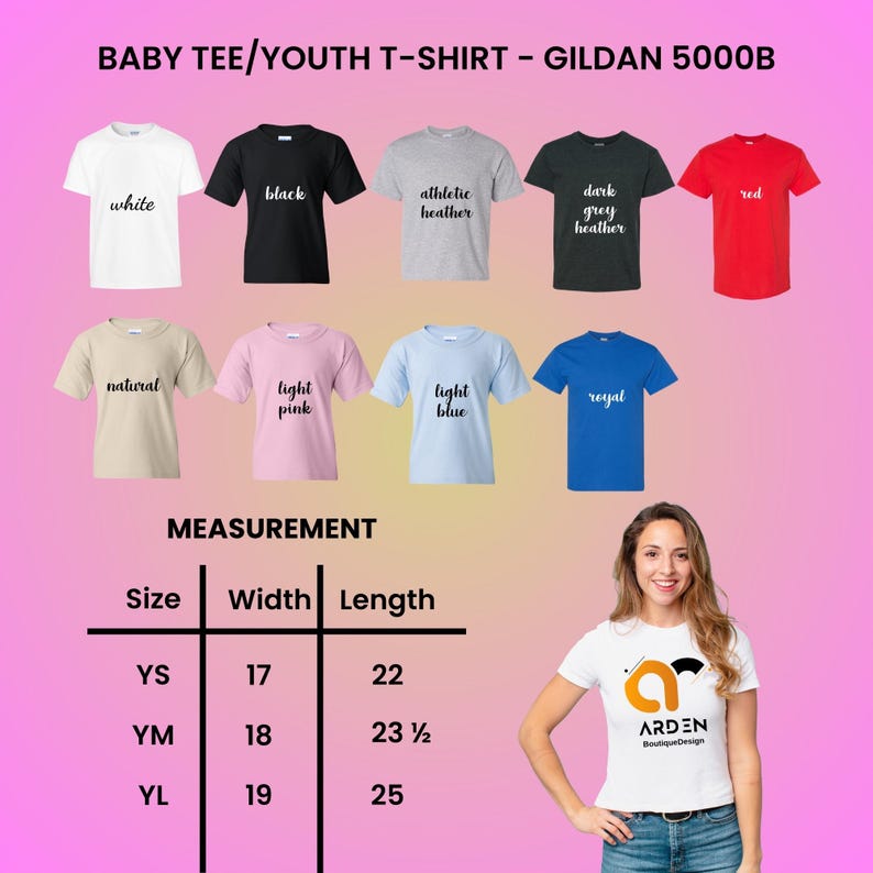 May include: A selection of Gildan 5000B baby and youth t-shirts in colours such as white, black, and red. The image includes a measurement chart with widths of 43, 46, and 48 cm, and lengths of 56, 60, and 64 cm.