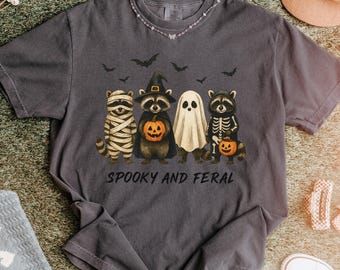 Comfort Colors® Spooky and Feral Raccoon Shirt, Funny Halloween Raccoon Shirt, Cute Trendy Womens Halloween T-Shirt, Vintage Fall Tshirt