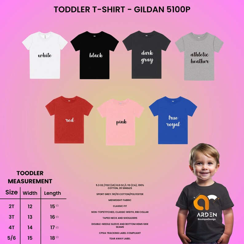 May include: Image of a range of toddler t-shirts in colours including white, black, dark grey, athletic heather, red, pink, and true royal. The image includes a size chart with measurements in inches, equivalent to cm, and the text "TODDLER T-SHIRT - GILDAN 5100P".