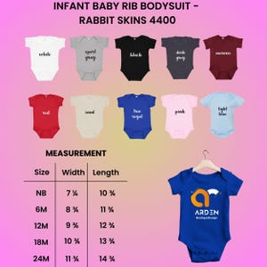 May include: A selection of baby rib bodysuits in colours such as white, grey, black, red, and blue. The image includes a size chart with measurements in inches, equivalent to cm, for different sizes, from newborn to 24 months. A blue bodysuit with a logo is also shown.