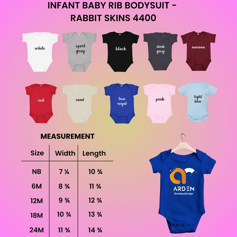 May include: A selection of baby rib bodysuits in colours such as white, grey, black, red, and blue. The image includes a size chart with measurements in inches, equivalent to cm, for different sizes, from newborn to 24 months. A blue bodysuit with a logo is also shown.