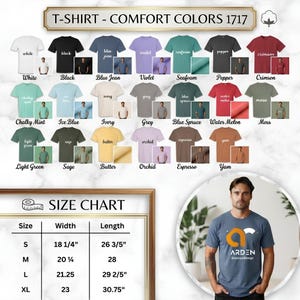 Puede incluir: Una carta de colores de camisetas Comfort Colors 1717 que muestra veintiuna muestras de tela en varios tonos, incluyendo blanco, negro, azul jean, violeta, espuma de mar, pimienta, carmes&iacute;, menta, azul hielo, marfil, gris, abeto azul, sand&iacute;a, musgo, verde claro, salvia, mantequilla, orqu&iacute;dea, espresso y &ntilde;ame, junto con una tabla de tallas en medidas m&eacute;tricas y una camiseta azul con el texto ARDEN BoutiqueDesign.