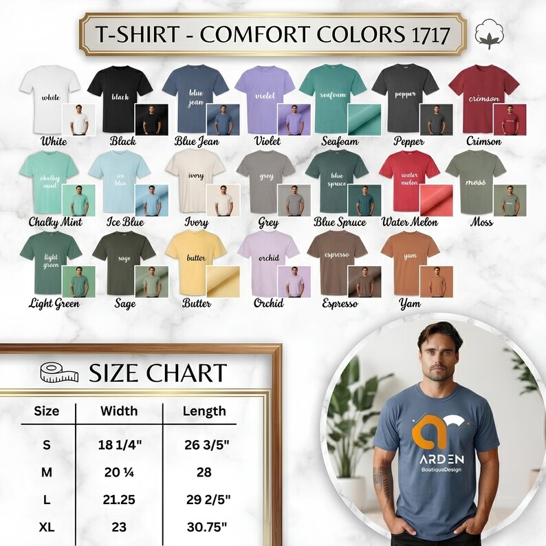 Puede incluir: Una carta de colores de camisetas Comfort Colors 1717 que muestra veintiuna muestras de tela en varios tonos, incluyendo blanco, negro, azul jean, violeta, espuma de mar, pimienta, carmes&iacute;, menta, azul hielo, marfil, gris, abeto azul, sand&iacute;a, musgo, verde claro, salvia, mantequilla, orqu&iacute;dea, espresso y &ntilde;ame, junto con una tabla de tallas en medidas m&eacute;tricas y una camiseta azul con el texto ARDEN BoutiqueDesign.