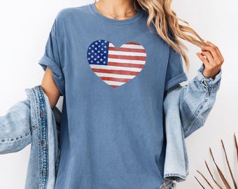 Koszulka Comfort Colors® Glitter 4th of July dla kobiet, koszula USA, koszulka Fourth of July z amerykańską flagą, patriotyczne stroje dla mam i dzieci