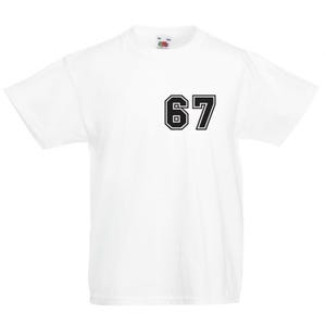 May include: White t-shirt featuring the number '67' in black, with a white outline. The number is in a collegiate style font. The shirt has short sleeves and a crew neck.