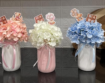 Baby Shower Centerpieces for Girl or Boy, Painted Jars w/ METAL BABY CHARM