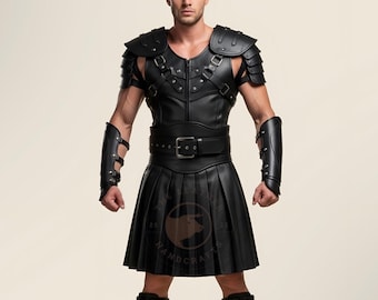 May include: Black leather gladiator armor set. The set includes a chest piece with shoulder guards, arm guards, a belt, and a pleated skirt. The armor is detailed with rivets and buckles.