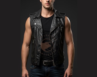 Handmade Black Leather Biker Vest: Studded Punk Rock Waistcoat