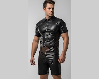 Men’s Black Leather Shirt & Shorts Set – Fetish Clubwear Outfit, Sheep Leather Matching Co-Ord, Festival Rave Clothing, Slim Fit