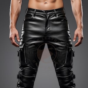 Black Leather Cargo Pants for Men | Tactical Techwear Street Style | Custom Fit Handmade Biker Pants | Gothic Punk Festival Fashion