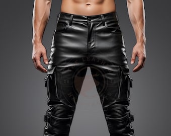 Handmade Black Leather Cargo Pants: Tactical Techwear Biker Style