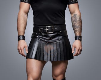 Handmade Sheepskin Leather Mini Kilt: Pleated Gothic Festival Outfit