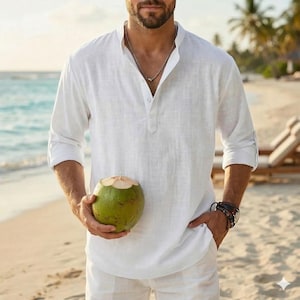 Męska koszula lniana – swobodna, letnia koszula lniana dla mężczyzn – prezent dla mężczyzn – lekka, przewiewna koszula – prezent dla niego – lniana bluzka z długim rękawem