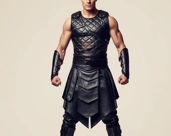 Conjunto de kilt e colete gladiador de couro feito à mão: Roupa personalizada para cosplay
