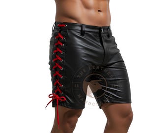 Herren Schwarzes Leder Schnürshorts - Rote Seitliche Schnürung | Fetisch Festival Clubwear | Handgemachte Echtleder Gothic Shorts