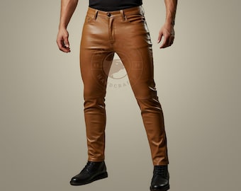 Handmade Genuine Sheep Skin Leather Pants Leather Jeans Brown Pants Gift for Men - Real Leather Pants