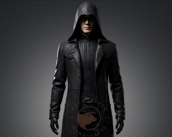 May include: A black leather trench coat with a hood. The coat has a zipper closure and a belt. The text "The Leather Handcrafts" is visible on the bottom of the image.