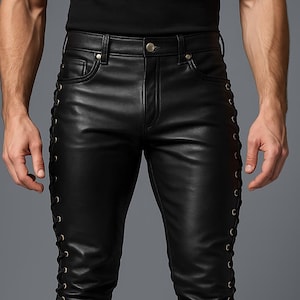 Handmade Black Leather Lace-Up Pants: Gothic Biker Style
